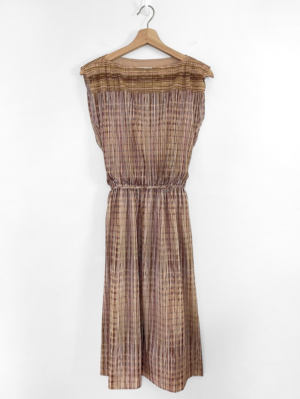 Vintage 70s Sue Brett Neutral Stripe Midi Dress Bateau Neck Cap Sleeve 7/8 Small - Picture 3 of 15